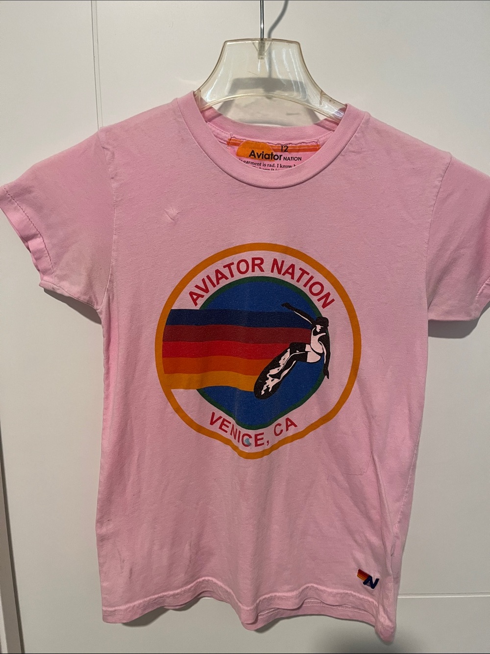 Aviator Nation Venice, CA Pink Graphic Short Sleeve 5 Stripe Logo T-Shirt